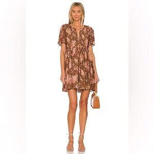 Spell Meadowland Flutter Sleeve Mini Dress in Hazelnut